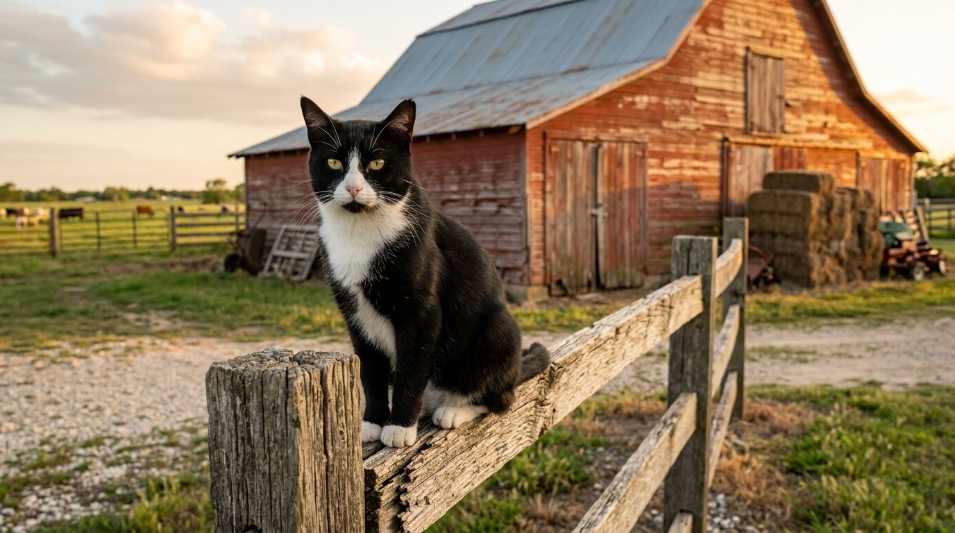 A black-and-white barn cat perched on a wooden fence rail in front of a red Texas barn at golden hour