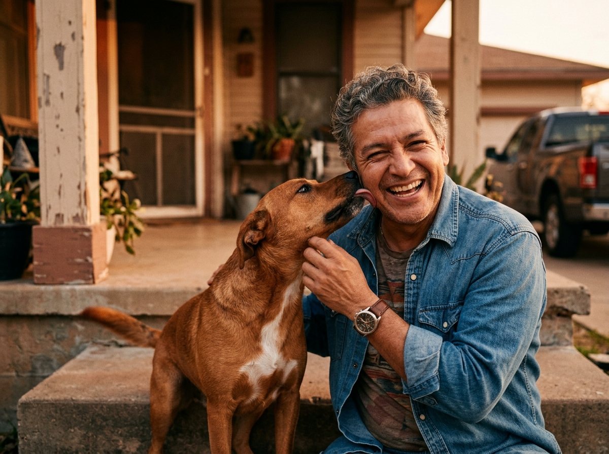 A laughing foster dad on his front steps as his brown foster dog licks his cheek