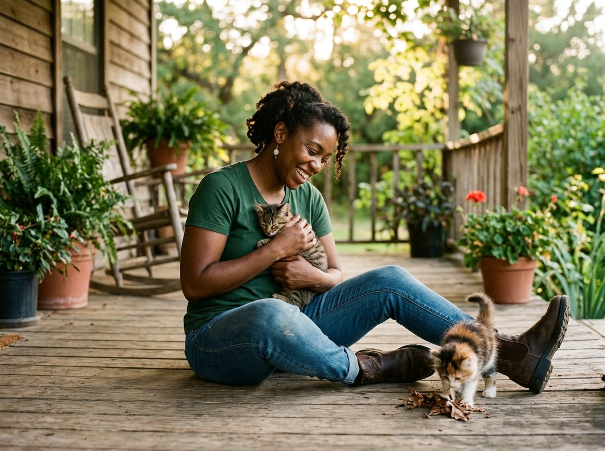 A smiling foster mom on her porch cradling a tabby kitten while a calico kitten plays by her boots