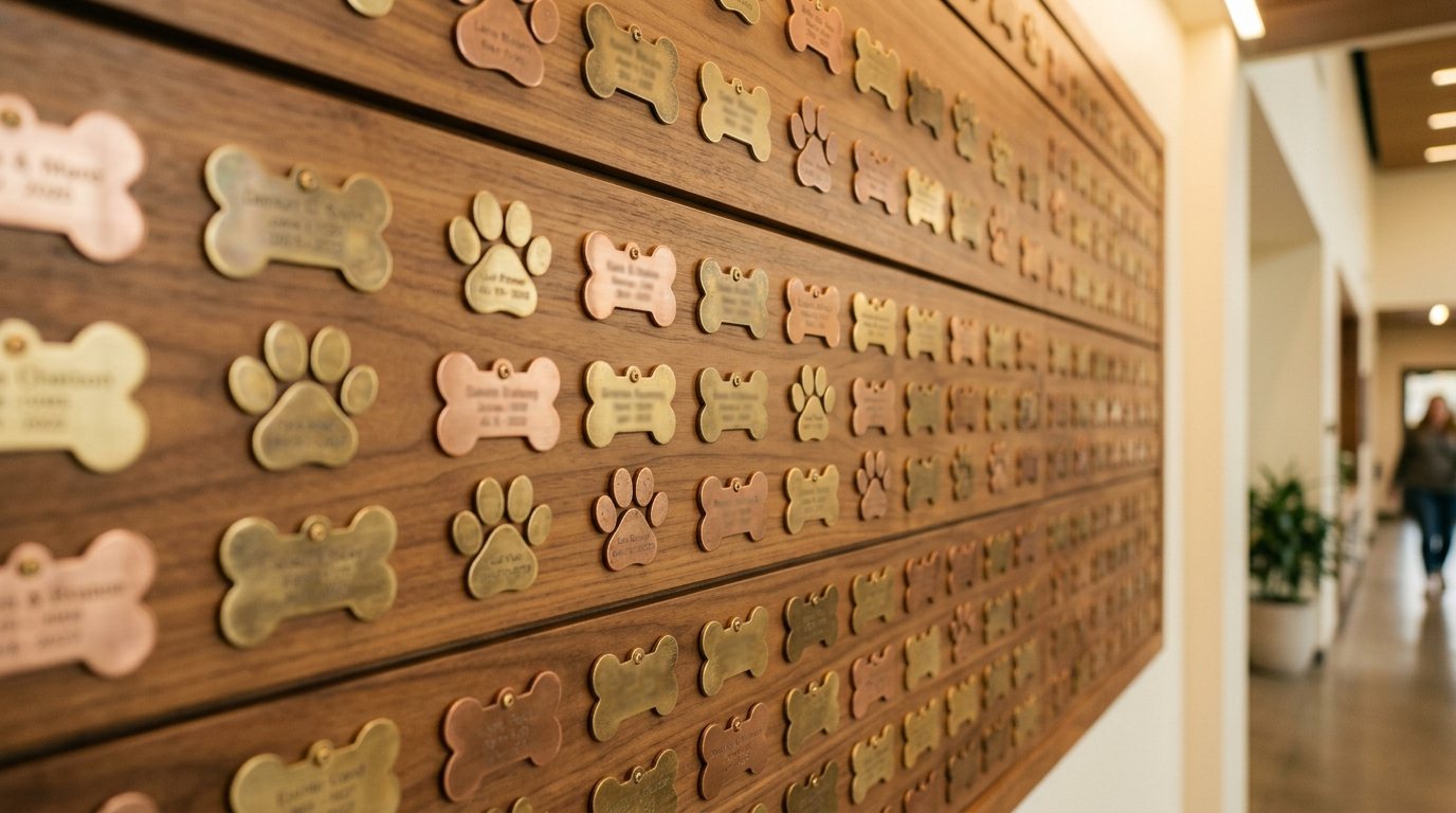 Rows of engraved bone- and paw-shaped plaques on the shelter's donor recognition wall