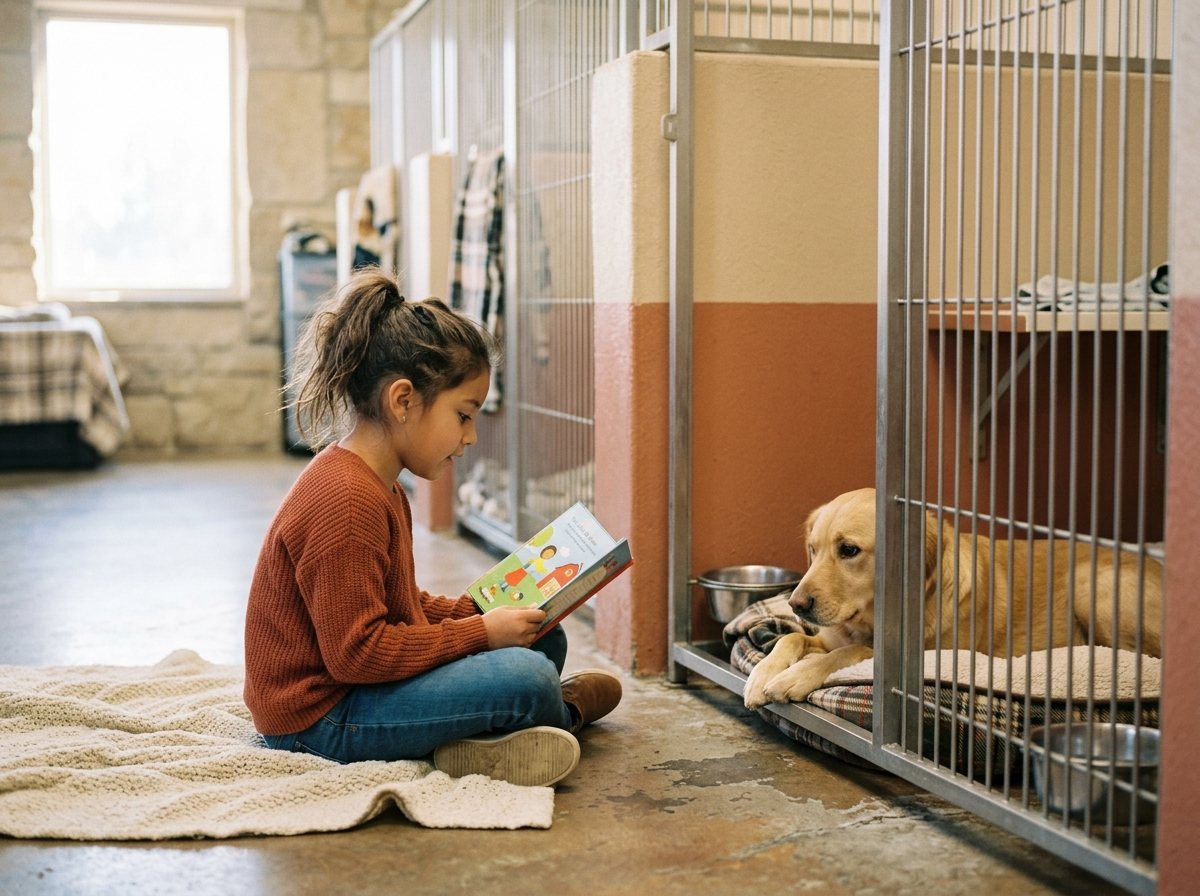 A young girl sitting on the shelter floor, reading a picture book to a golden dog listening through a kennel gate